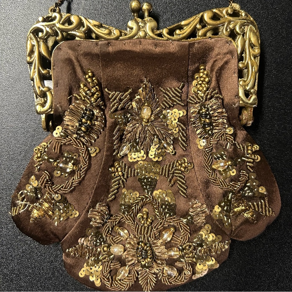 Beautiful small silk chocolate brown vintage crossbody purse.